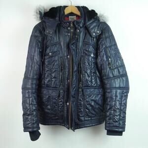 Triple Five Soul Large Parka Puffer Coat Vintage Y2K Fur Trim Hood Full Zip Blue